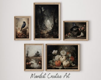 Halloween Gallery Wall Art Set | PRINTABLE Art Gallery Wall, Dark Academia Decor, Moody Halloween Prints, Moody Wall Art Set of 5 | E001