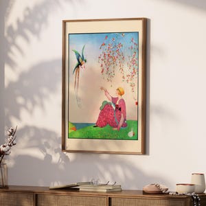 Woman with Bird Print | Vintage Magazine Cover Wall Print | Digital Download | Retro 1900s Fashion Print | Art Nouveau Fantasy Art | VCC9
