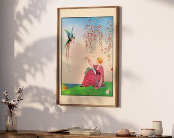 Woman with Bird Print | Vintage Magazine Cover Wall Print | Digital Download | Retro 1900s Fashion Print | Art Nouveau Fantasy Art | VCC9
