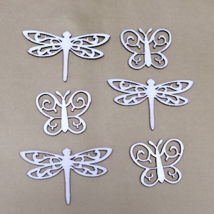 Wooden butterflies, dragonflies embellishments , natural wood, wedding decor, table confetti, card topper, scrap booking, craft supplies, UK