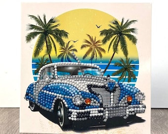Blue car greetings card, generic card for men, daimanod art card for boys, car lovers card, generic card, diamond painting, gift card