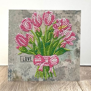 Cartão de felicitações de luxo, cartão de tulipas cor de rosa, cartão genérico, cartão de aniversário, cartão de dia dos namorados, cartão de aniversário, cartão de pintura com diamante, arte com diamante