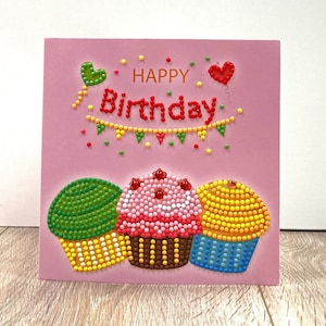 Carte d'anniversaire rose, carte d'anniversaire d'art de diamant de luxe, carte de voeux de peinture de diamant, carte de petit gâteau, carte d'anniversaire de filles, 1ère carte d'anniversaire