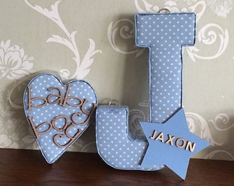 Baby boy, baby girl gift set, keepsake, new baby, baby shower gift idea. fabric letter, hanging heart personalised, custom nursery decor, uk