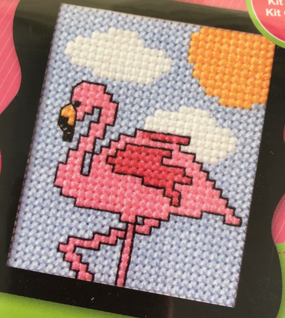 Pink Flamingo, Mini Cross Stitch Kit, Ideal Kids Crafts, Keepsake