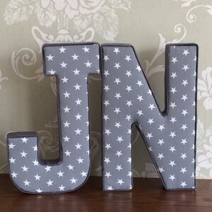 Grey, gray stars unisex, nursery, children&#39;s bedroom decor, freestanding, wall hanging fabric letters, photo prop, door plaque personalised