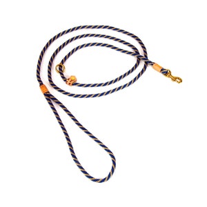 May include: A blue and gold rope dog leash with a brass clip and leather accents.