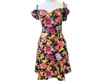 Vintage Black Off Shoulder Floral Mini Dress