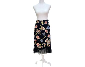 Vintage Black Floral Midi Skirt with Tulle