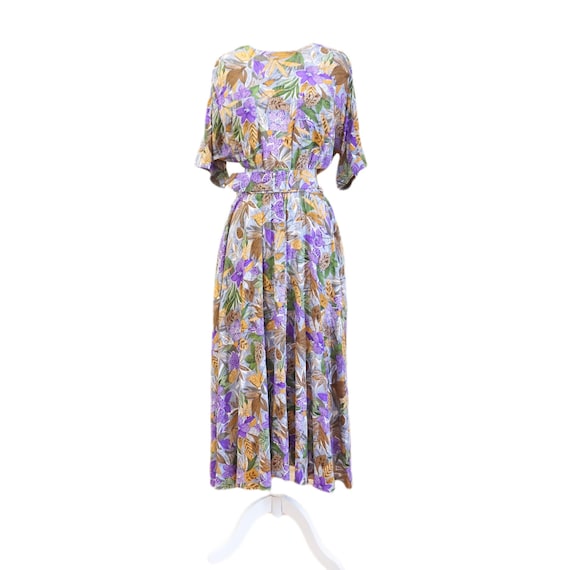 Vintage Silk Tropical Print Belted Dress