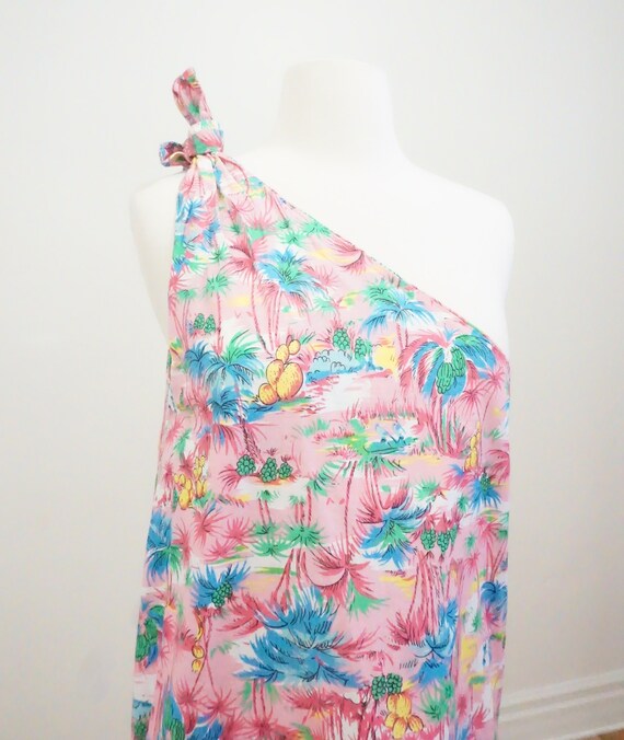 Vintage One Shoulder Palm Tree Tropical Maxi Dress - image 5