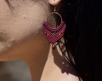 Handmade earrings,Macrame earrings,Boho style,Burgundy color,Black,Gift For Her,Lightly,Greece Handmade