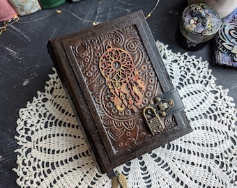 Red Grimoire with Lock and Key, Fantasy Book of Shadows