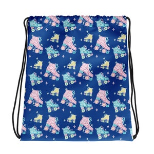 May include: A blue drawstring bag with a repeating pattern of pink and blue roller skates. The roller skates have the text "Skate for you and only you" on them.