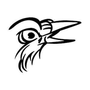 May include: A black and white line drawing of a bird's head, featuring a detailed eye, open beak, and stylized feathers. The design is simple yet striking, suitable for various applications.