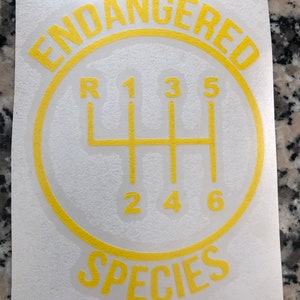 May include: A yellow and white sticker with the text "Endangered Species" in a circle around a gear shift pattern. The gear shift pattern has the numbers 1, 2, 3, 4, 5, and 6, and the letter "R" for reverse.