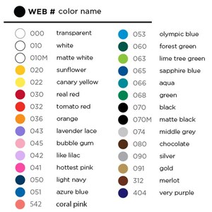 May include: A chart showing different color names and their corresponding web color codes. The colors are arranged in rows and columns, with the color name and web code listed next to each color swatch.
