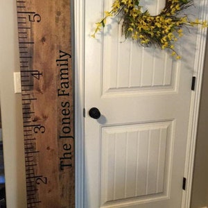 May include: A wooden ruler with black markings and the text "The Jones Family" on a brown background. The ruler is leaning against a white door with a wreath of yellow flowers.