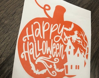 Happy Halloween Pumpkin Witch Haunted House Vinyl Decal