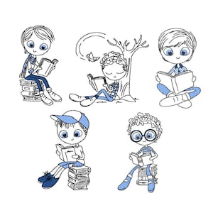 5 embroideries on the theme &quot;boy reading&quot; for embroidery machine size 4x4