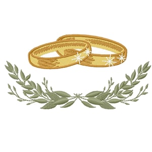 Peut inclure: Motif brodé avec deux alliances dorées ornées d'étoiles, au-dessus d'une couronne de branches d'olivier vertes. Le motif est sur fond blanc, idéal pour les créations sur le thème du mariage.