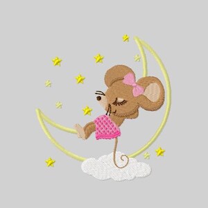 Applique embroidery of a mouse sleeping on the moon 4x4 format