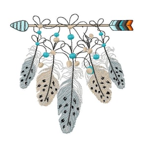 May include: A decorative arrow with feathers and turquoise beads hanging from it. The arrow is made of wood and has a brown and white striped tip. The feathers are in shades of gray and brown.
