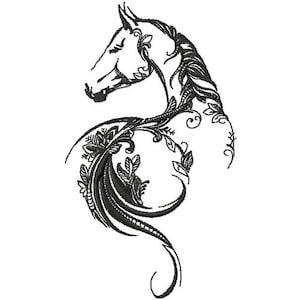 Può includere: Un'illustrazione in bianco e nero di una testa e un collo di cavallo con motivi floreali.