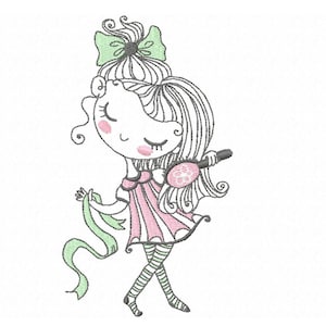 May include: An embroidered design of a cartoon girl with long hair, a pink dress, and striped stockings. She holds a green ribbon and a hairbrush. A green bow adorns her hair. The design is on a white background.