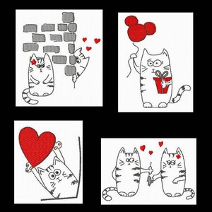 May include: Four embroidered cat designs on a white background. One cat peeks from behind a brick wall, another holds a red balloon, a third holds a red heart, and the last two hold a mouse and have hearts above them. The cats are white with black stripes.