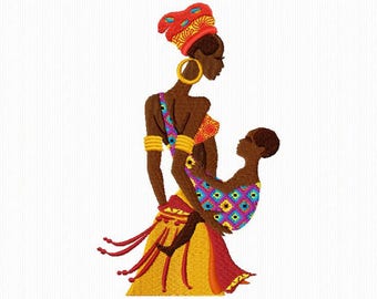 Embroidery of an African woman with her child for embroidery machine size 5x7