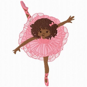May include: A young girl with brown hair and a pink tutu is dancing on one leg. She is wearing pink ballet shoes and has a pink bow in her hair.