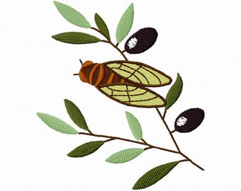 Embroidery of a cicada on an olive branch for embroidery machine size 4x4