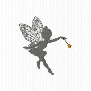 Peut inclure: Une silhouette grise de fée avec des ailes complexes tenant une baguette avec une étoile dorée à l'extrémité.