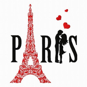 Embroidery of Paris with its Eiffel Tower and its lovers 4x4 and 5x7 format for embroidery machine