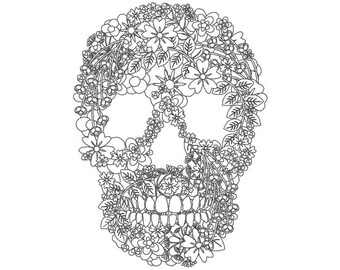 Redwork embroidery of a flowered skull for embroidery machine format 5x7 and 7x12