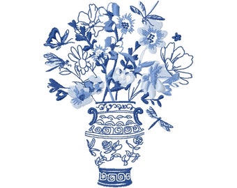 Embroidery of a blue vase with flowers for embroidery machine