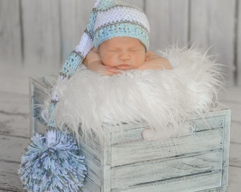 Newborn Elf Hat, Newborn Boy Hat, Newborn Photo Prop, Crochet Baby Hat, Baby Boy Hat, Mr Sandman Hat, Newborn Pom Pom Hat, Long Tail Hat