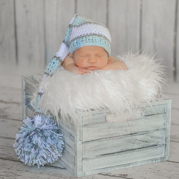 Newborn Elf Hat, Newborn Boy Hat, Newborn Photo Prop, Crochet Baby Hat, Baby Boy Hat, Mr Sandman Hat, Newborn Pom Pom Hat, Long Tail Hat
