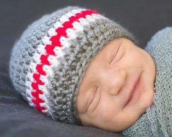 Crochet Baby Boy Beanie, Gray with Red and White Stripes (Newborn to 1T-2T)