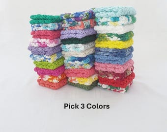 Set of 3 Handmade Cotton Crochet Washcloths: Choose From 32 Colors