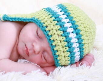 Crochet Baby Boy Hat: Green Striped Ear Flap Beanie