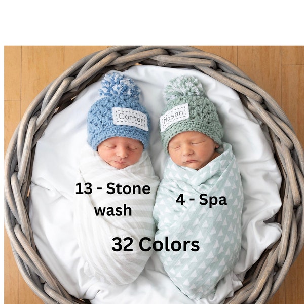 Monogrammed Newborn Hats for Twins, Twin Hats with Name, Crochet Newborn Hat, Personalized Baby Girl Hat, Newborn Hat with Name, Preemie Hat