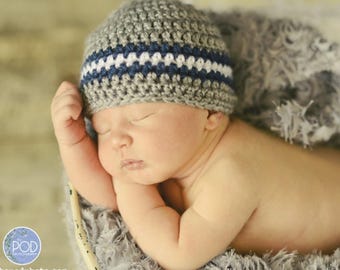 Crochet Baby Boy Hat: Gray Beanie with Navy & White Stripes