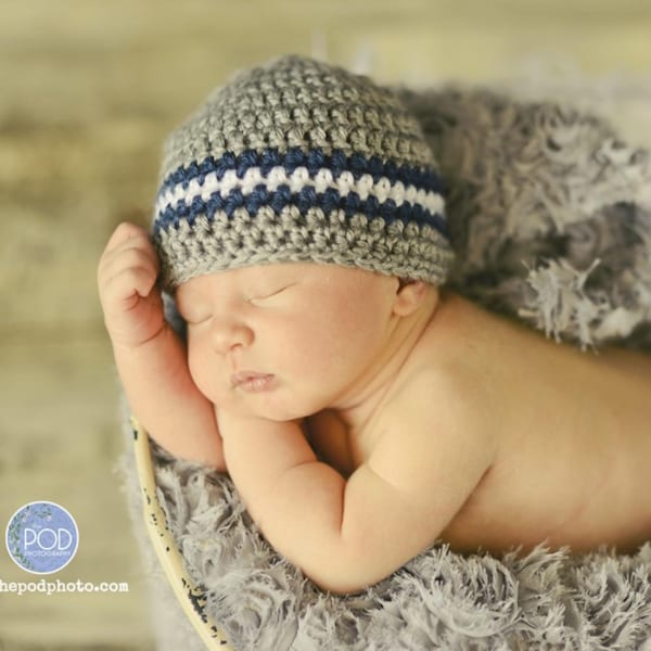 Crochet Baby Boy Hat: Gray Beanie with Navy & White Stripes