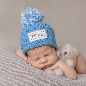Personalized Crochet Baby Beanie with Name Patch & Pom Pom