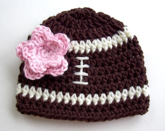 Handmade Baby Girl Football Beanie with Pink Flower