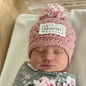 This personalized hat is perfect for a baby shower gift.  This is the color soft rose.