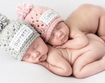 Personalized Newborn Hats for Twins, 43 Colors, Preemie to 1T-2T Sizes, Twin Hats with Name