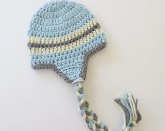 Crochet Baby Boy Winter Hat: Blue Striped Ear Flap, Newborn to 2T